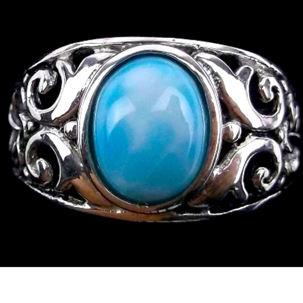 Silver Tone‎ Plumeria Sky Blue Ring size 7